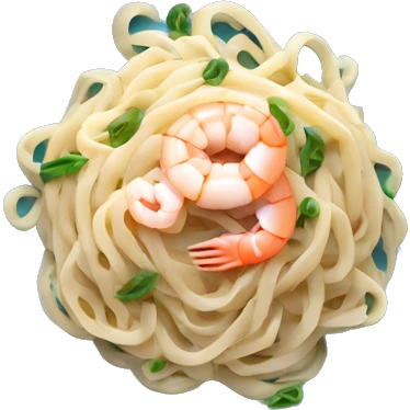 long thin pasta noodles on a blue plate with white sauce and shrimp, green background, top down view emoji