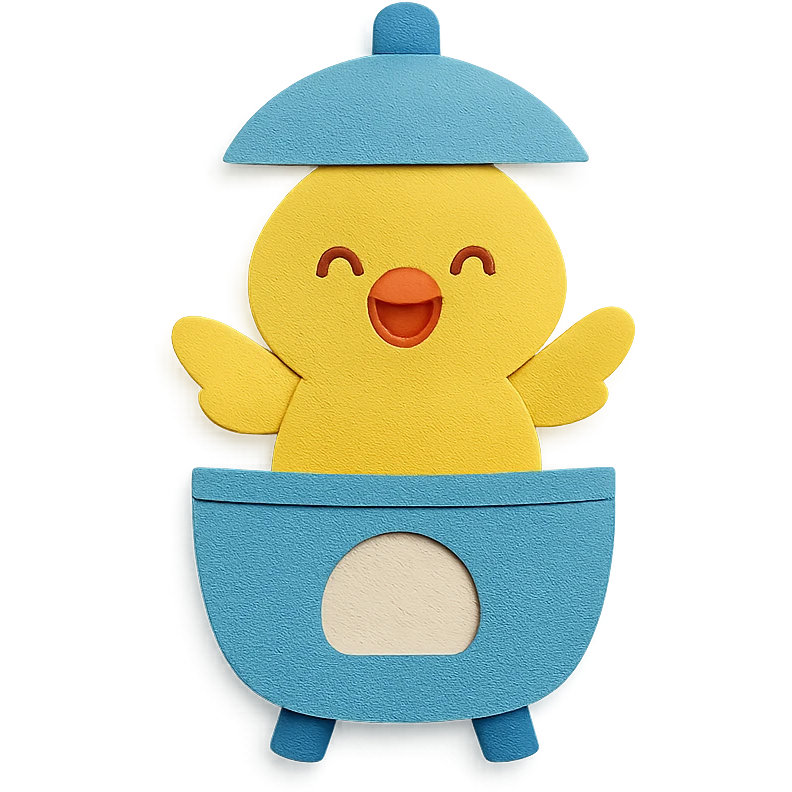 soft yellow egg cooker chick, popping out of the lid, smiling brightly, full-body emoji