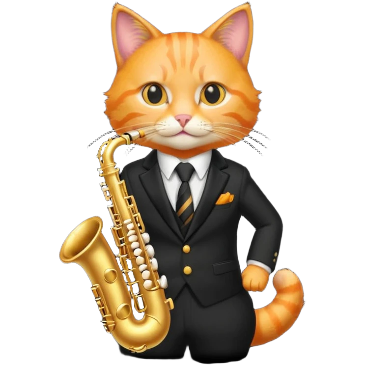 orange cat play gold saxophone, wear black suit emoji