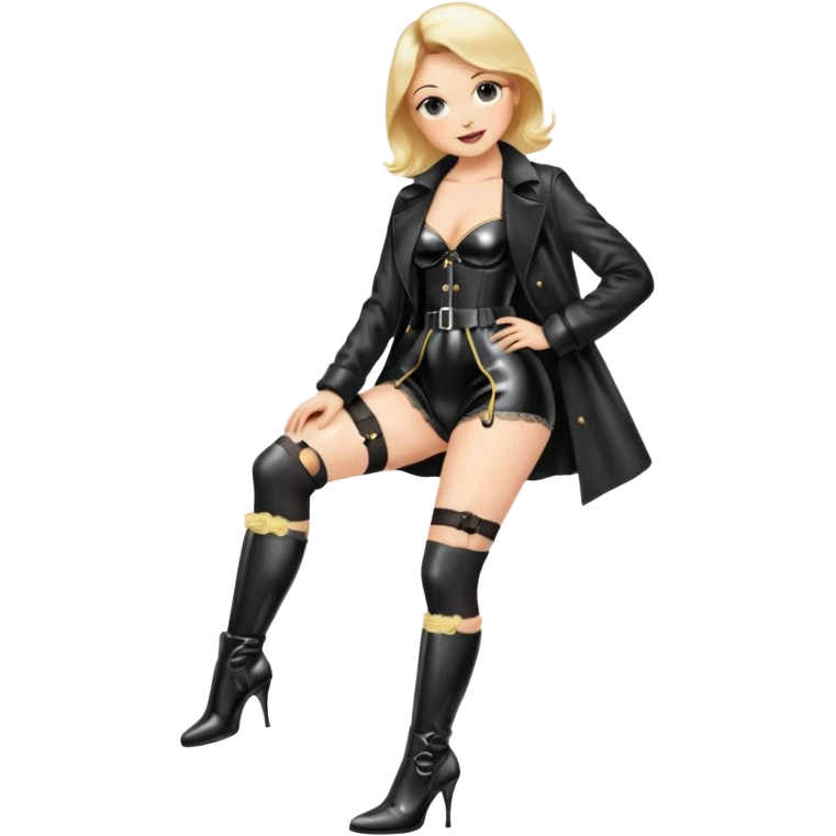 Create an female emoji with stockings and garter belt wearing a shiny wetlook coat and shiny high heel boot that go below the knee emoji