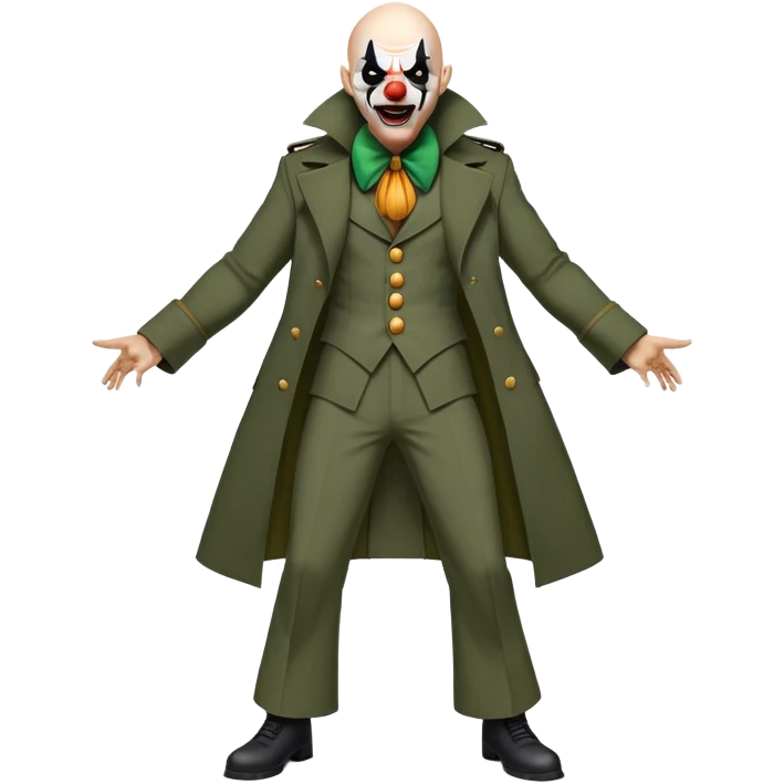 evil clown, bald, small black horns on forehead, fangs, pointed ears, eye patch over one eye, long coat over black and military green leisure suit with bellbottom pants, realistically proportioned, less bulky, full body, battle-ready, fighting posture emoji