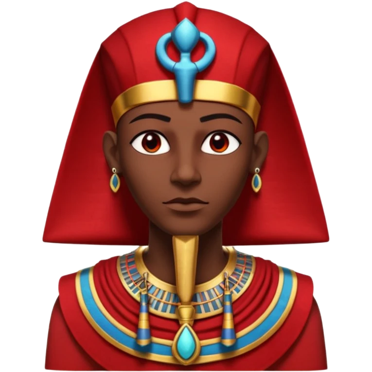 gothic ancient Egyptian character portrait, head and shoulders only, red and black color theme, pharaoh collar, ankh symbols, dark red royal fabric, Egyptian jewelry, mysterious expression, dramatic lighting, 3D cartoon, mobile game icon style, clean background, no text, no watermark
 emoji