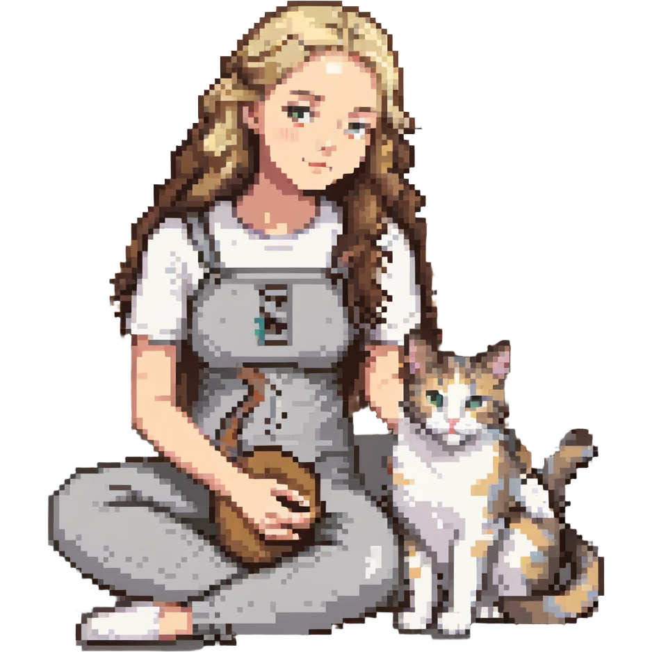 Remix: Beautiful girl with long curly brown hair, inspired by the reference, petting a gray and blonde mixed cat, pixel art style, girl sitting cross-legged, cat curled beside her emoji