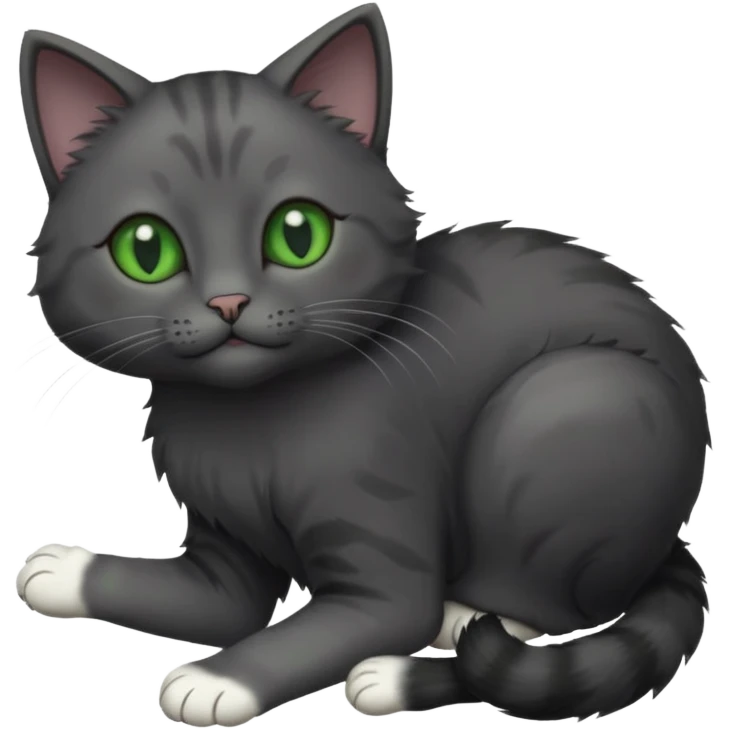 solid dark grey cat with green eyes, completely solid grey face, white toes/paws playfully rolling upside down emoji