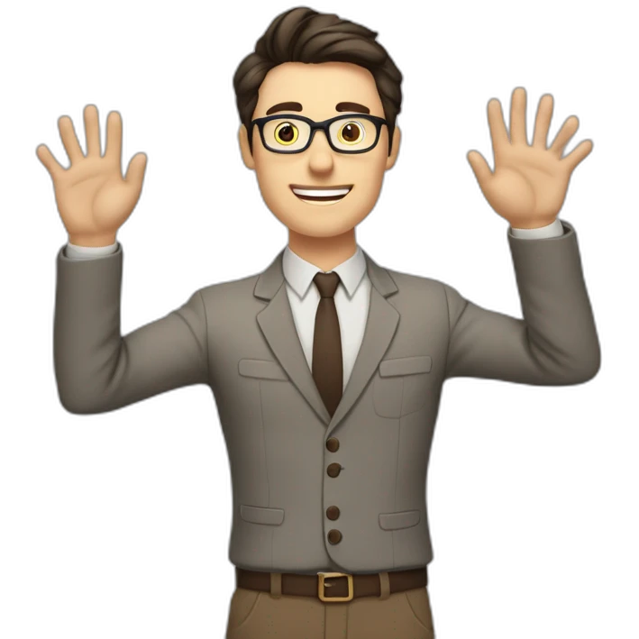 To belt Actively gesturing with hands Okay Pale skinned fit man with dark brown hair in gray jacket, beige office shirt, brown tie, brown pants and vintage glasses. emoji