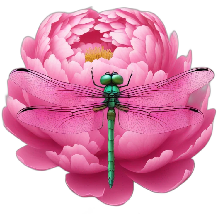 Dragonfly is sitting in middle of the pink peony emoji