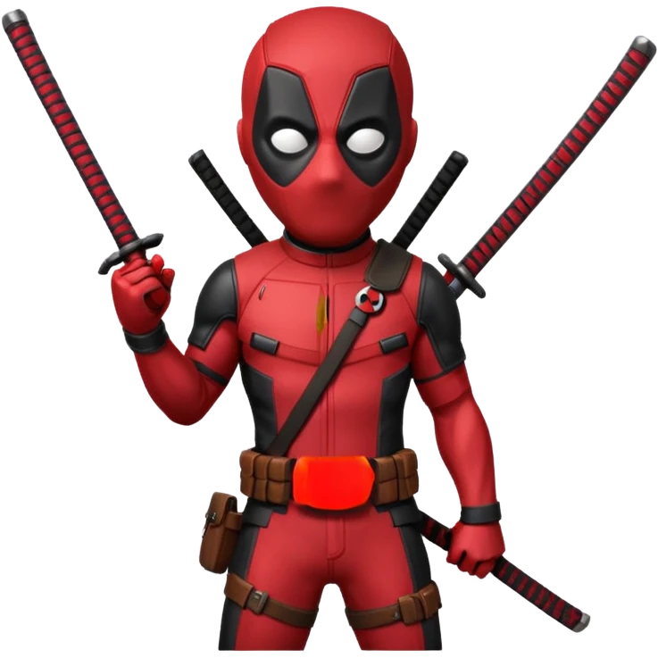 Deadpool in classic red and black suit, holding katanas, playful expression emoji