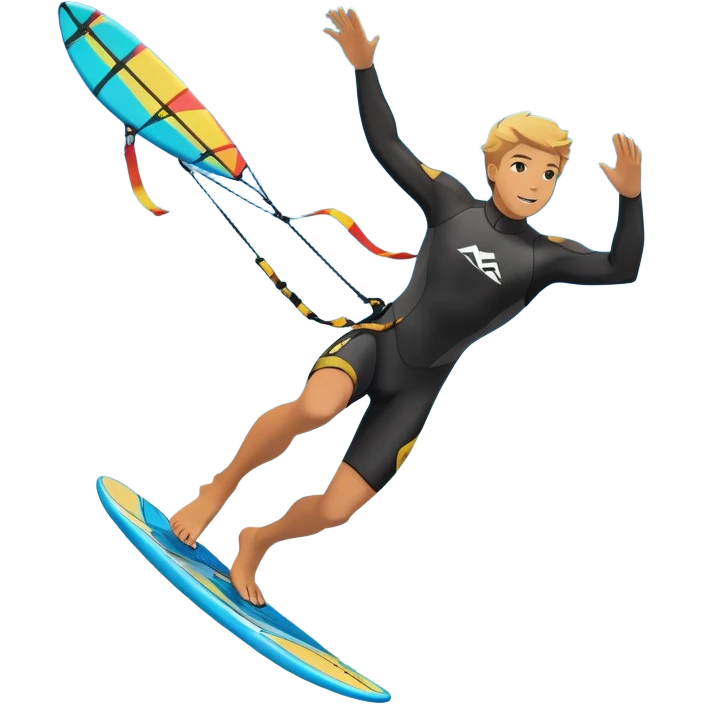 An athlete in a wetsuit riding a kiteboard, soaring over the sea waves with the kite high in the sky. The background features a vibrant blue sky and crashing ocean waves, capturing the thrill and freedom of kitesurfing in dynamic motion. emoji