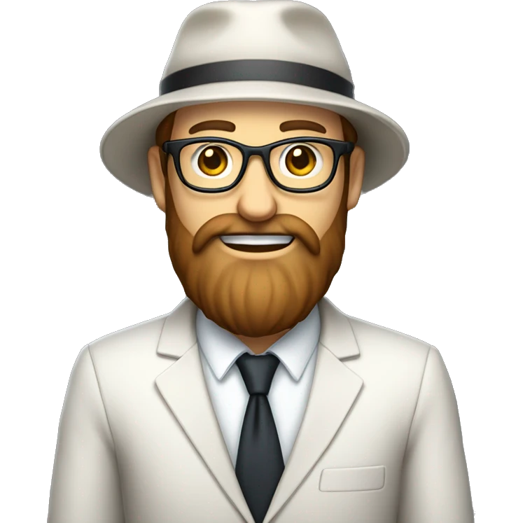 beautiful man, suit, long brown beard, white skin, smile, beret hat, glasses, full-body (slim) emoji