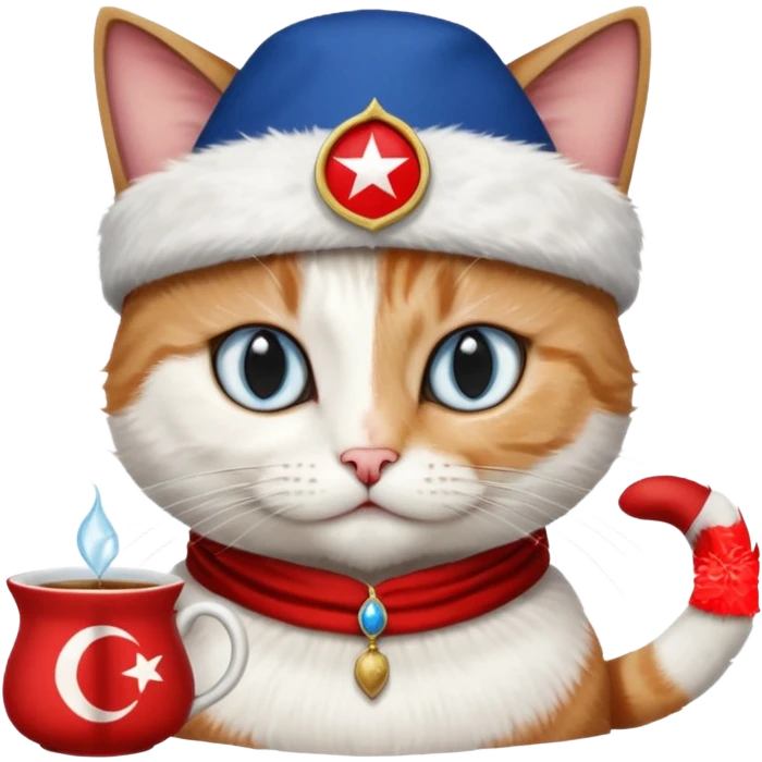 Arkasında Türk bayrağı olan  ve çay içen kafasına fes takan bir van kedisi emoji