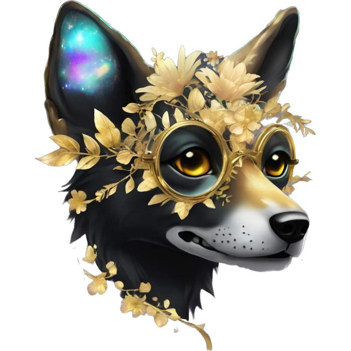 Black iridescent dog fox zombie skeleton gold mechanical nebula galaxy stars flowers fairy lights vintage emoji