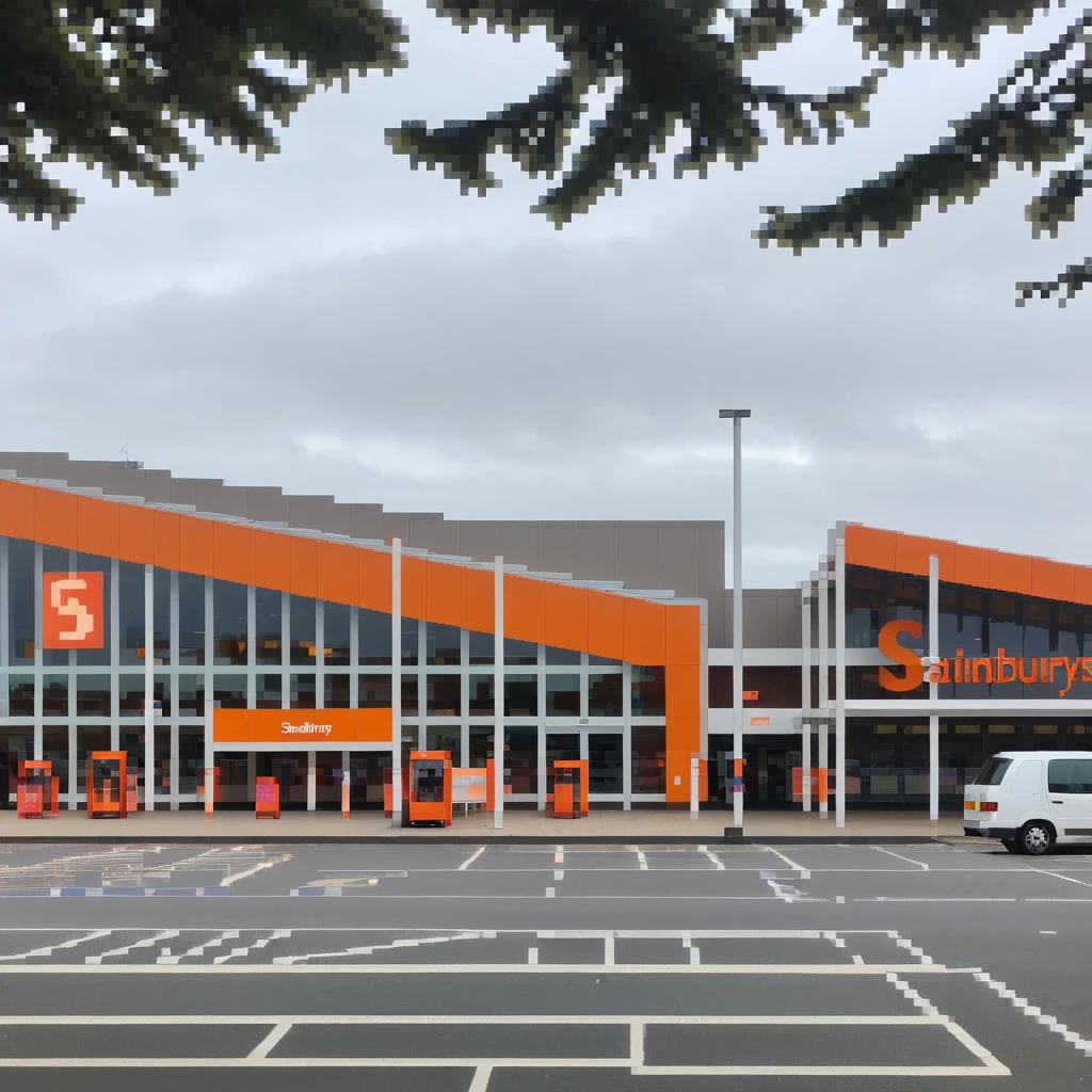Isometric view of a Sainsbury's supermarket building with orange signage, large glass entrance, shopping trolleys, and car park with parent-child parking spaces emoji