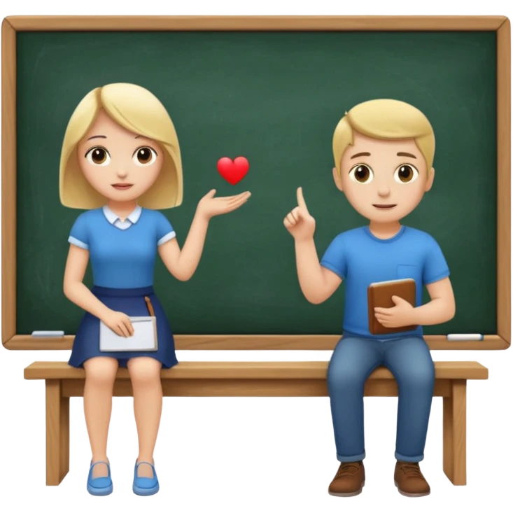 Girl is teaching a guy how to make emojis. Girl at blackboard, guy on bench learning. emoji