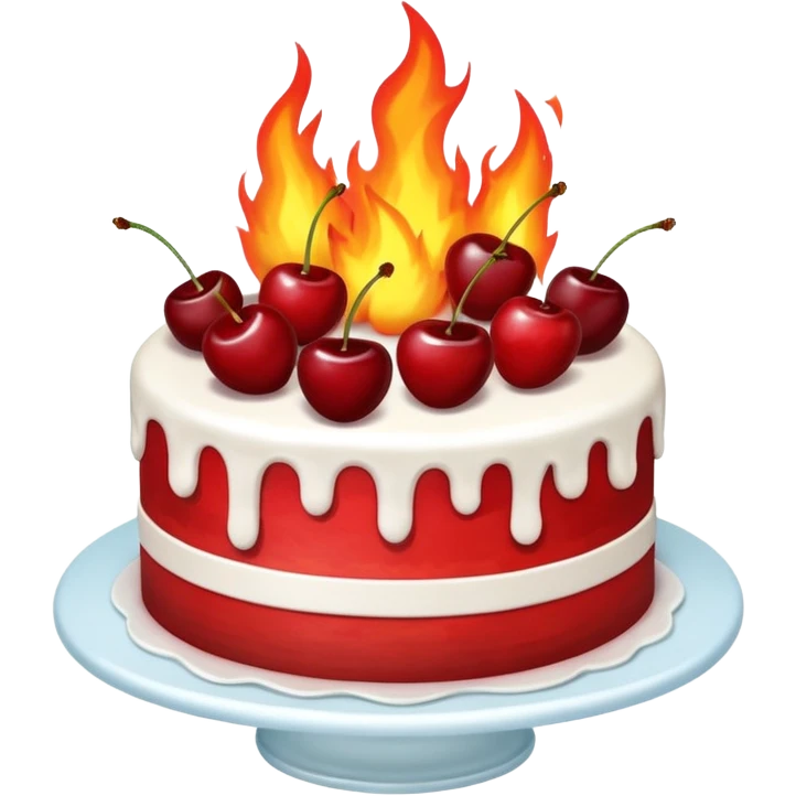 CAKE on fire, and fire behind it as well. cherries on the cake emoji