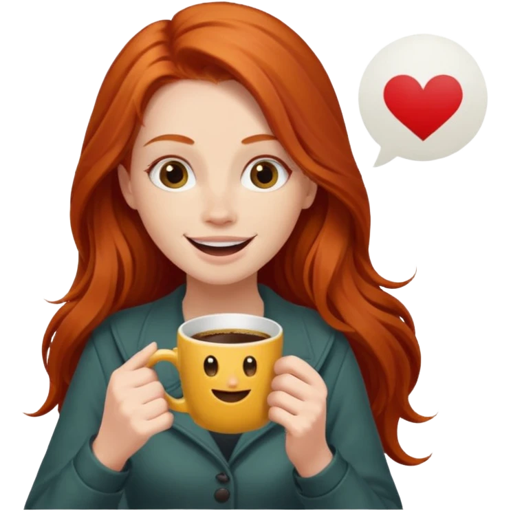 Excited long haired redhead drinking coffee with a sign in front saying GTSY emoji
