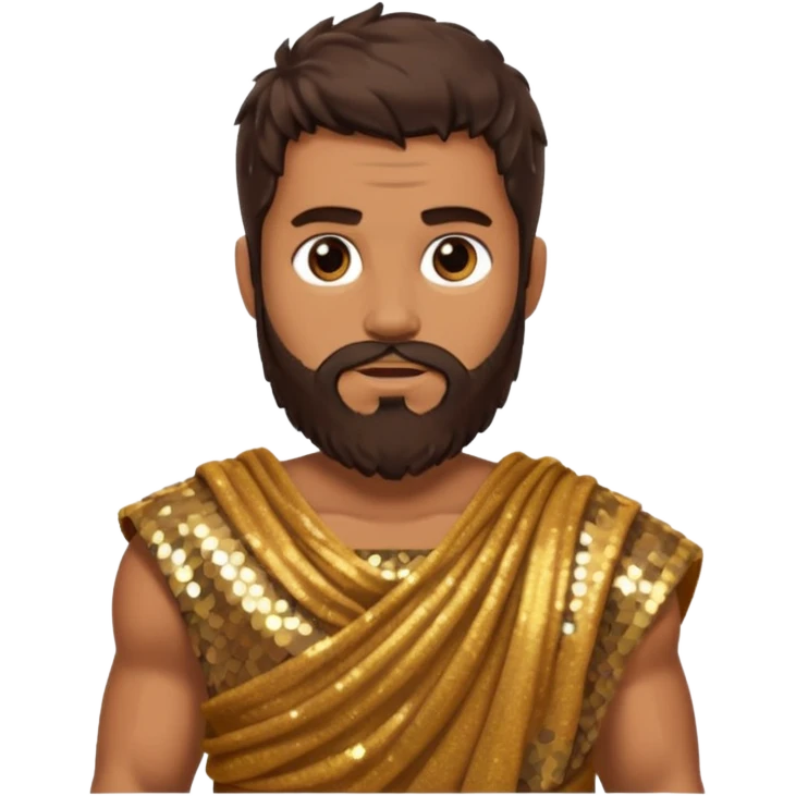 Hercules from Roman Deities with long dark brown hair and beard, bronze sequin toga emoji