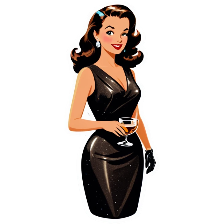 Beautiful woman in 1950’s woman fashion look, black shimmery dress, long dark brown hair, whisky with ice emoji