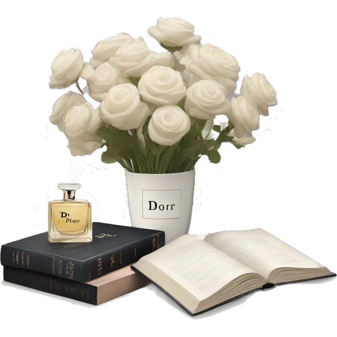 aesthetic dior book with flower vase and neutral flowers on top emoji