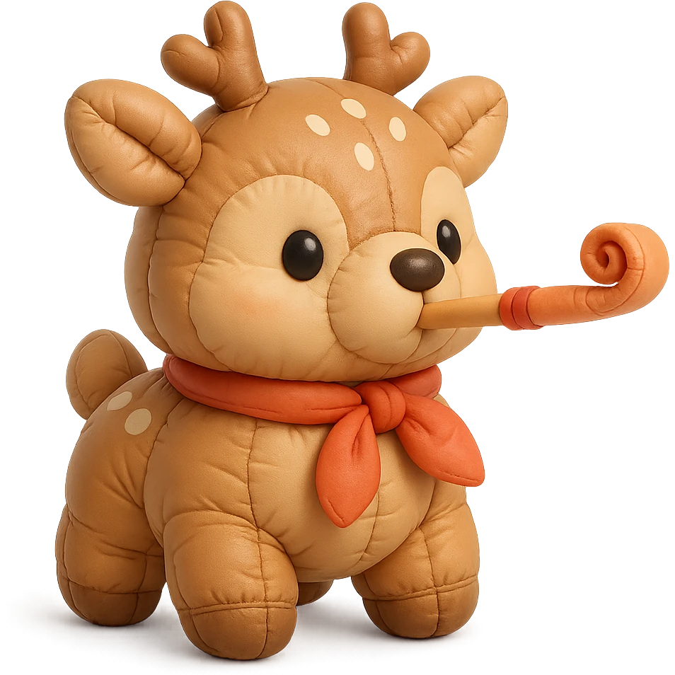 cute deer with a ribbon scarf blowing a birthday horn emoji