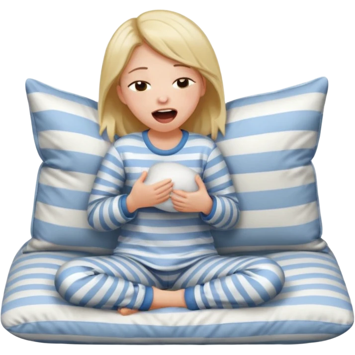 {
      "type": "human",
      "look": "girl in striped pyjamas, yawning, holding pillow",
      "description": "a sleepy girl in striped pyjamas yawning while holding a pillow"
    } emoji