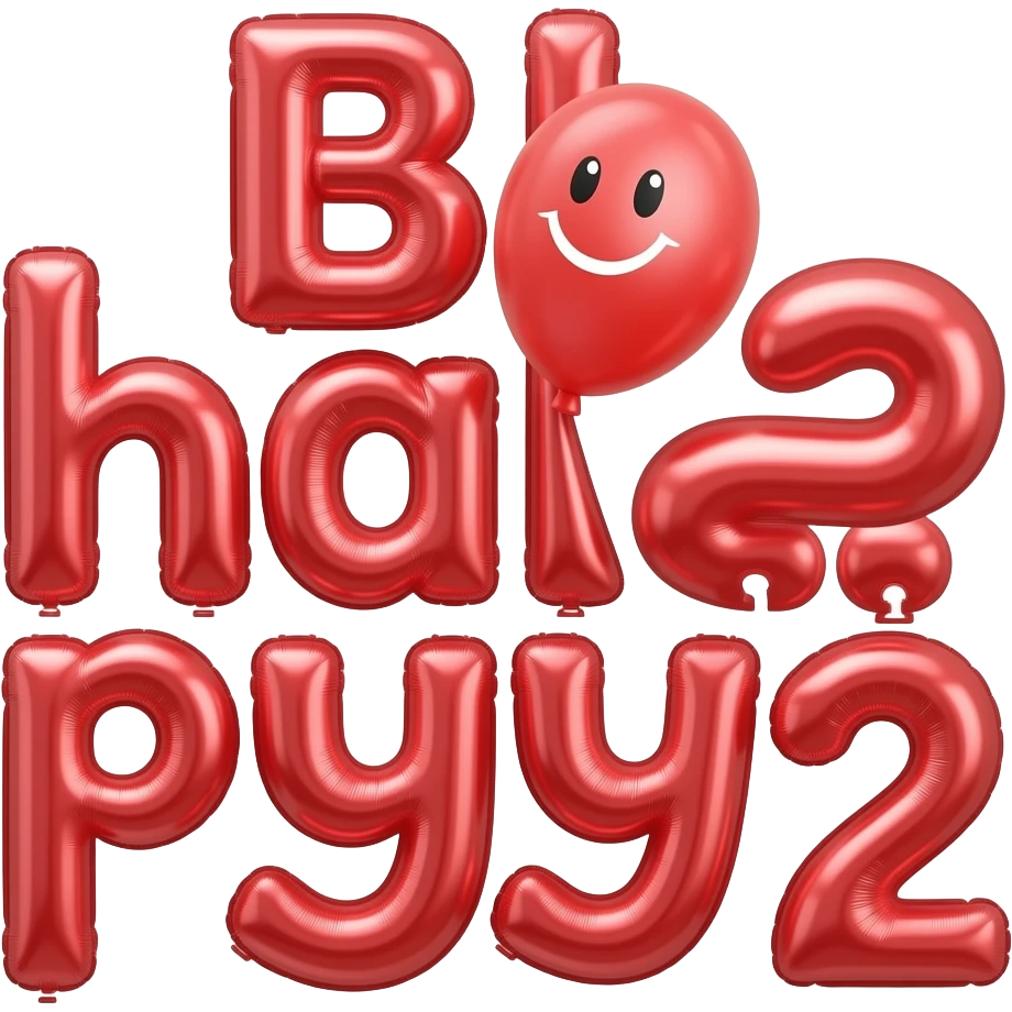 Red balloons that spell out Bhappy2 with smiley face emoji