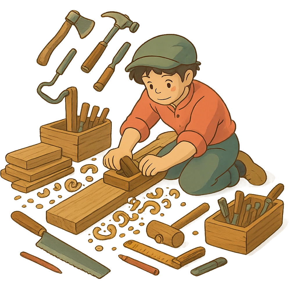 ghibli style woodworking scene with tools and wood emoji