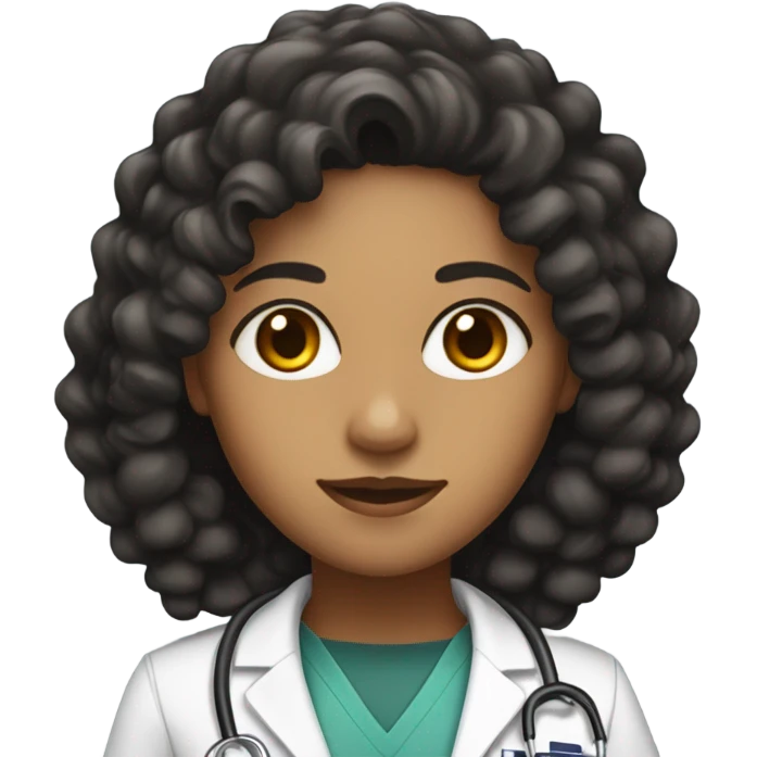 woman dark olive skin with very dark long curly hair with a doctor uniform on and dark eyes emoji