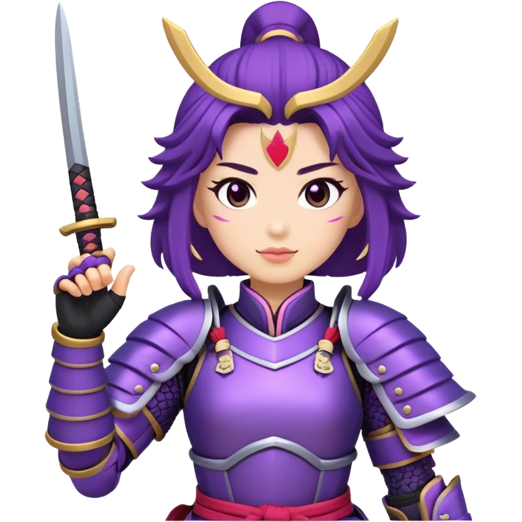 A female samurai in purple armor waving emoji