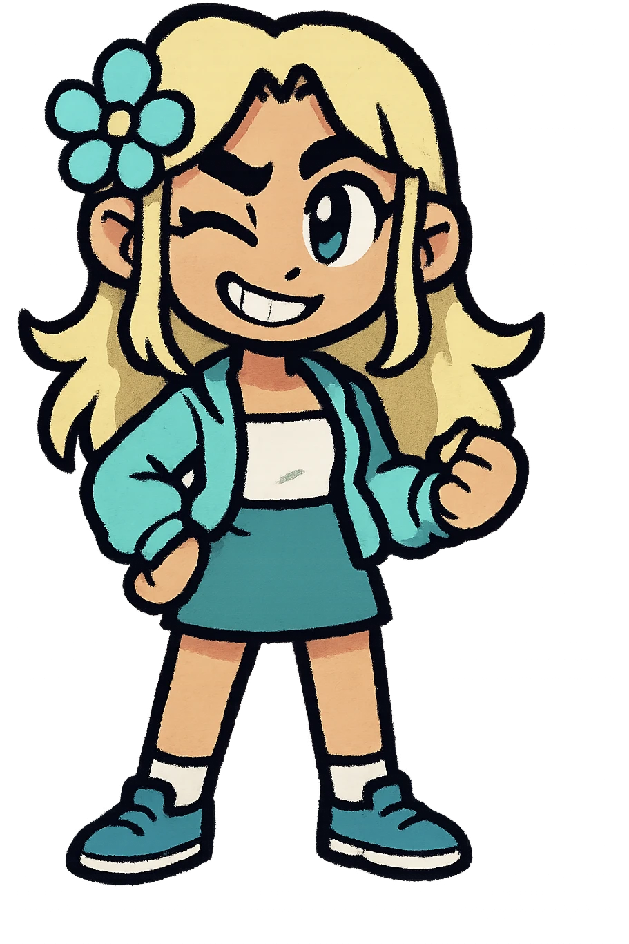 Edit the cartoon character to have a playful wink and a mischievous grin, expressing confidence and charm. Maintain a transparent background. emoji