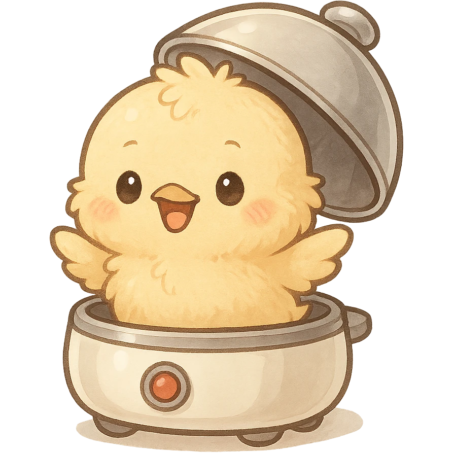egg cooker with a soft fluffy chick popping out of the lid, chibi style, smiling brightly, soft yellow tones, full-body emoji