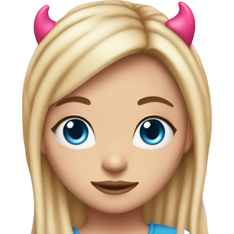white girl with long blonde hair and curtain bangs. pink hearts on her cheeks and blue eyes with a pink devil headband on her head  emoji