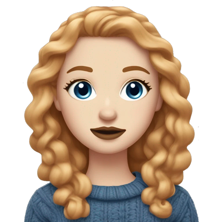 White girl with long, wavy hair a mix between ginger and dirty blonde. Blue eyes long eyelashes rose cheeks and light brown lipstick and bold eyeliner. Wearing cable knit sweater. emoji
