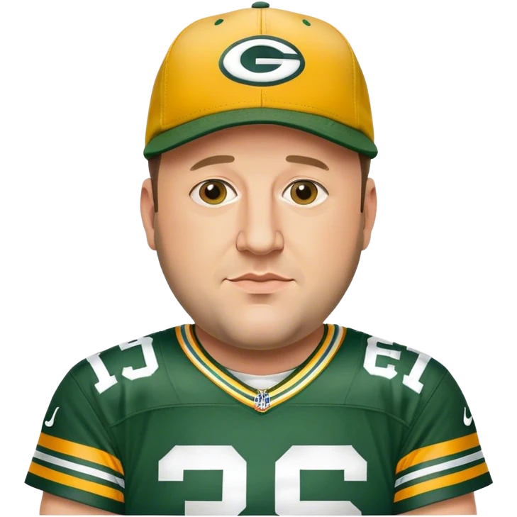 Kevin James as a Green Bay packers fan with a hat on wearing a Jordan love jersey emoji