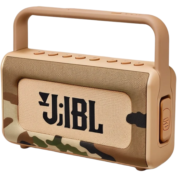 Desert camouflage JBL Go 4 speaker, tan and brown pattern, minimal design, simple form factor, portable audio device emoji