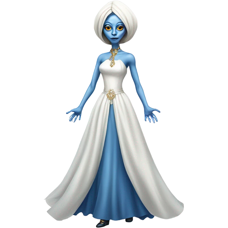 a blue alien woman full body in white Romanov dress emoji