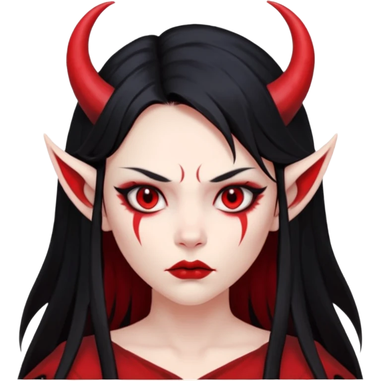 Head only: demon girl, 100% red skin, long black hair, small horns, sharp cheekbones, serious eyes, full lips, pointed ear; centered, no body, no text. emoji