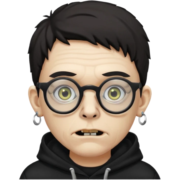Chico moreno zombie, con gafas y sudadera negra, dos aretes en la oreja izquierda y dos en la derecha, ojeras en los ojos y emoji