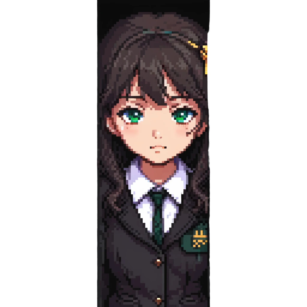 Japanese anime schoolgirl detective peeking from behind a wall, mysterious expression, pixel art style emoji