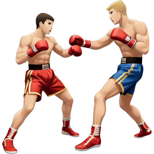 An icon symbolizing kickboxing, featuring two fighters in the ring. One throws a powerful high kick, while the other counters with a punch. The background shows a boxing ring with ropes and a crowd in the distance. Transparent background emphasizes the dynamic energy emoji