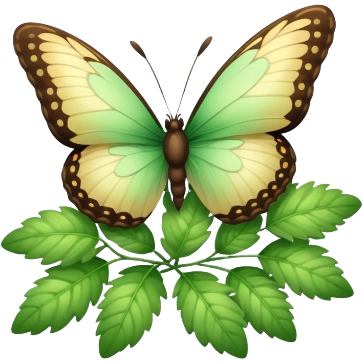 A fluffy bush with soft light-green foliage and a small butterfly emoji