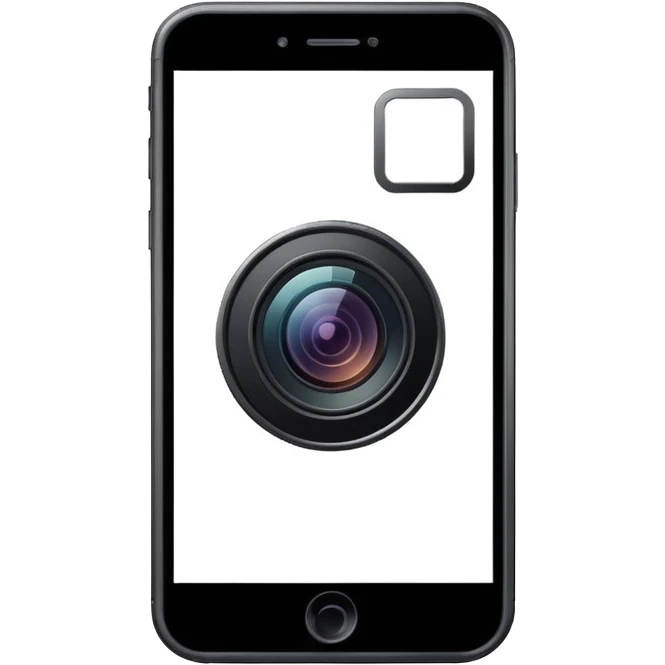 Minimalistic flat vector icon, iOS style, thin black contour on white background. Smartphone with a camera lens symbol. No text, no shadows.
 emoji