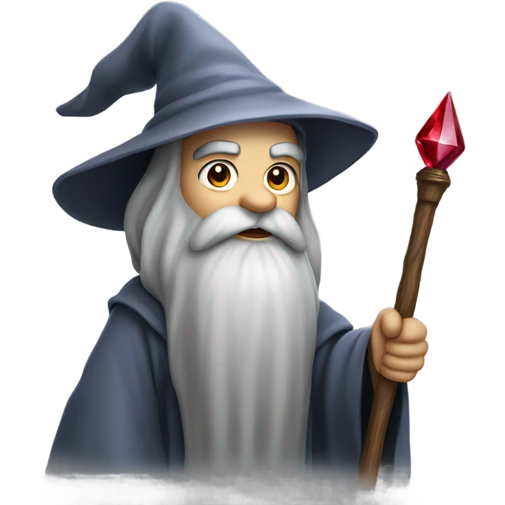 Wizard with long grey beard and silver and greyl robes, holding a wooden staff with a ruby on it emoji