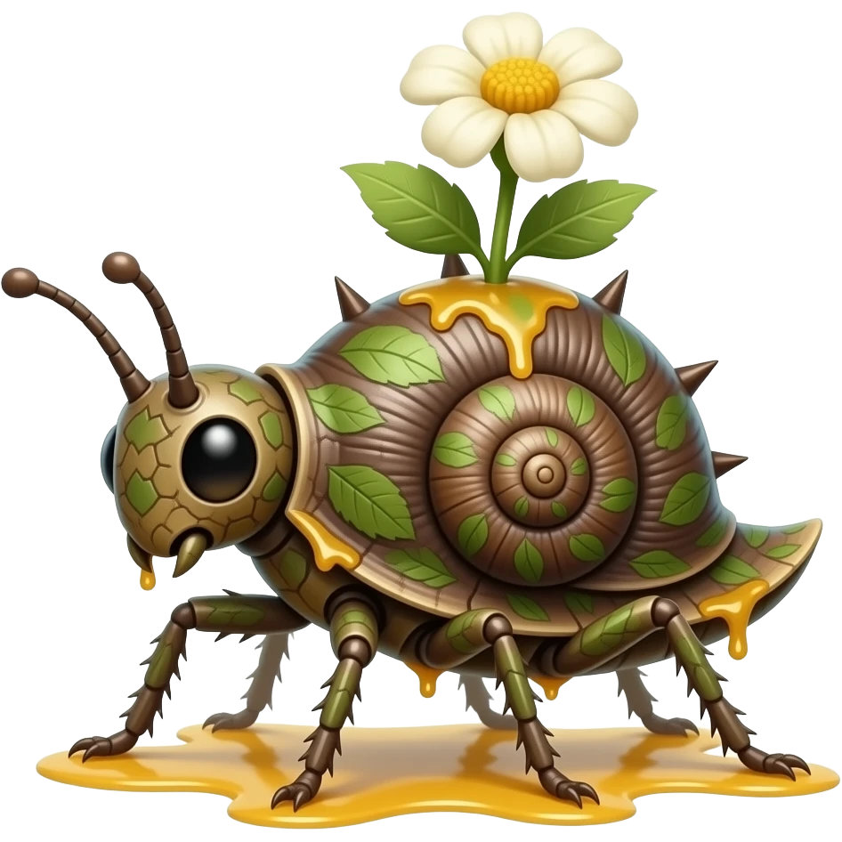 Saprawl A slow forest Walkingsticks crawler with sticky amber sap running through cracks in its bark-like body. it's made of bark but has one blooming on its back, it has spikes and runs fast with all its limbs. It's full of leave markings, and looks like a Walkingstick insect with a snail armor emoji