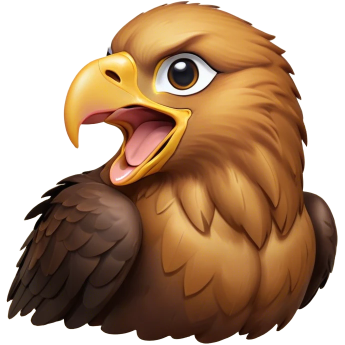 Cinematic Cute Yawning Golden Eagle Portrait Emoji, Head tilted slightly with a dramatic, wide-open yawn, showcasing a robust, majestic form with softly drooping feathers and sleepy, half-closed eyes, Simplified yet irresistibly adorable features, highly detailed, glowing with a soft, cozy amber glow, high shine, relaxed yet expressive, stylized with a dash of whimsical aerial charm, soft glowing outline, capturing the essence of a drowsy yet affectionate golden eagle that appears ready to stretch out for a nap! emoji