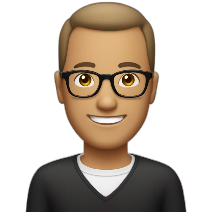 an man with very short haircut, and a very receding hairline, and a tuft of hair on the top. He is wearing glasses, the glasses frames are black and he is smiling emoji