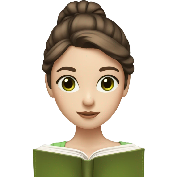Girl with brown hair in a low bun, wispy bangs, green eyes, pale skin, reading a brown book emoji