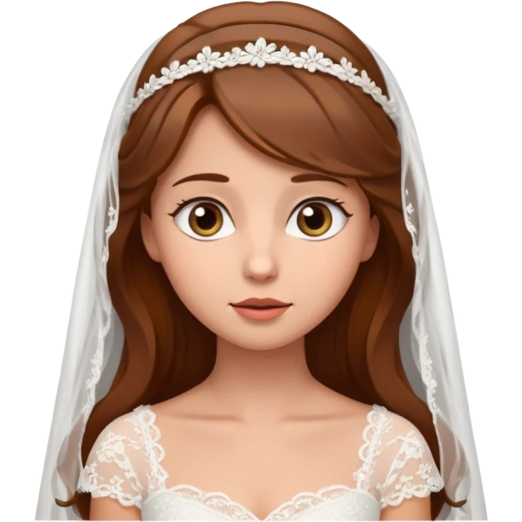 Brown-haired bride in a white wedding dress and veil, eyes looking upward with a curious expression, cute emoji style. emoji