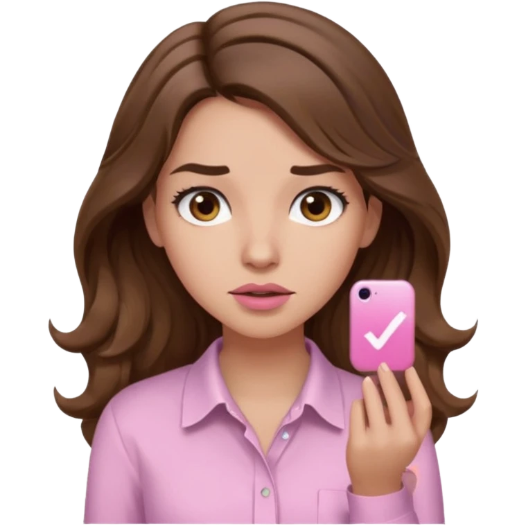 girl with wavy long brown hair, brown eyes, light to medium complexion, long lashes, light pink lipstick, wearing light pink shirt, shrugging emoji
