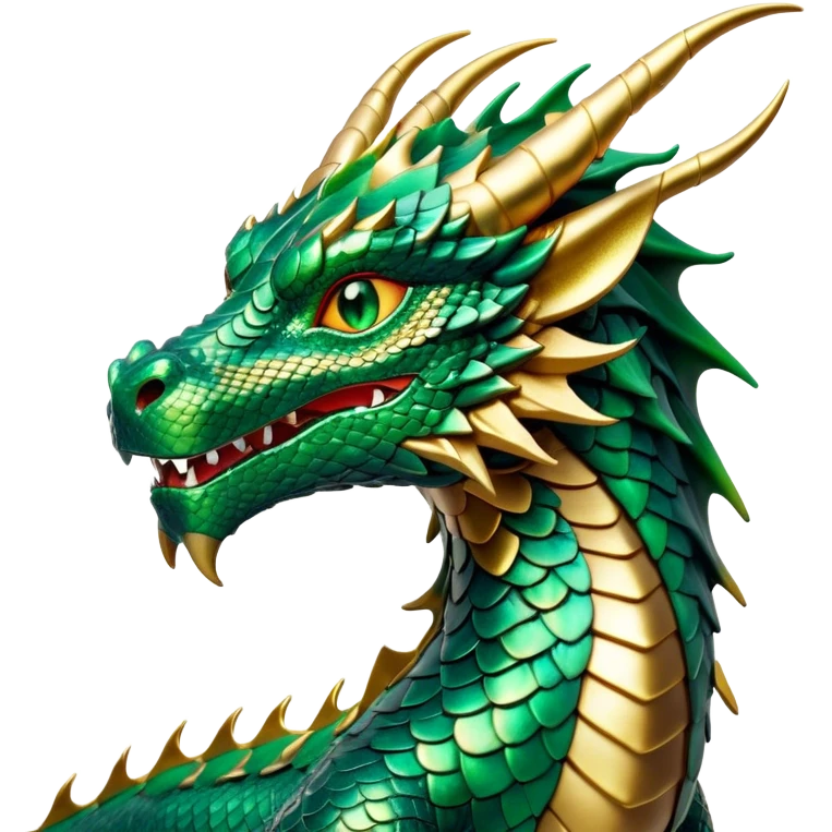 Cinematic Noble Dragon Portrait Emoji, Poised and majestic, with a sinuous, elongated body covered in intricately detailed, shimmering scales in hues of emerald and gold, and piercing, fiery eyes that reflect ancient wisdom; rendered with lifelike texture and natural highlights, high shine, intelligent and formidable, styled with an aura of mythic power, focused and attentive, soft glowing outline, capturing the essence of a legendary dragon that appears ready to soar out of the screen with timeless authority! emoji
