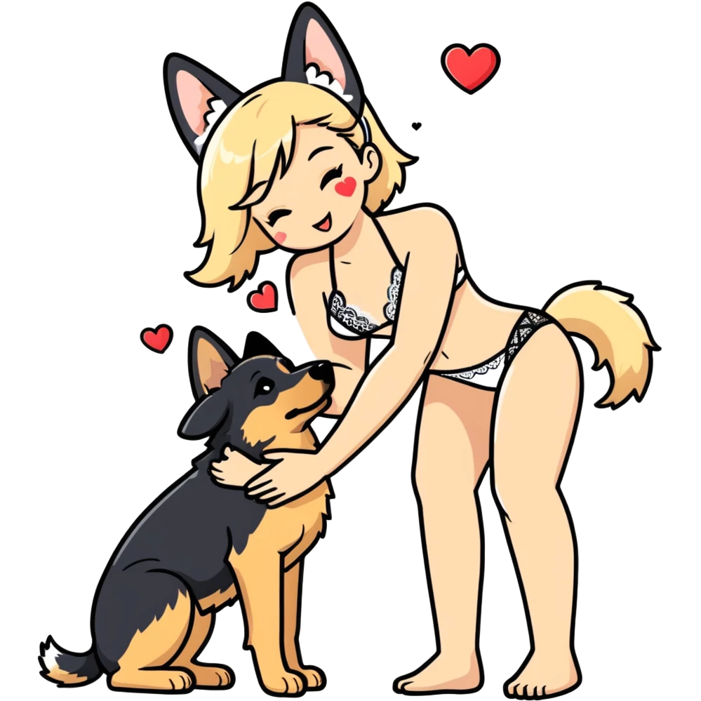petite blushing subby blonde human woman white lace bikini romance with large German shepherd kissing hearts emoji